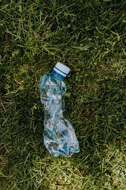 A crumpled, transparent plastic water bottle with a white cap lies discarded on a patch of green grass, which consists of a mix of fine and coarse blades, some slightly bent or overlapping. The bottle has a wrinkled surface with visible indentations and creases, and appears to contain a small amount of water or residual liquid inside. Surrounding the bottle, the grass extends evenly across the scene, filling the background and foreground, suggesting an outdoor environment such as a park or garden. The natural lighting highlights the reflective surface of the plastic and the textured appearance of the grass, emphasizing the scene’s focus on littering and waste management. This image reflects issues related to private waste disposal or independent rubbish collection, where litter may be left in open spaces and requires waste removal services to restore cleanliness. The overall scene is neutral and factual, illustrating an example of waste improperly disposed of in a natural setting, relevant to rubbish removal services like those offered by Rubbish Removal Maida Vale.