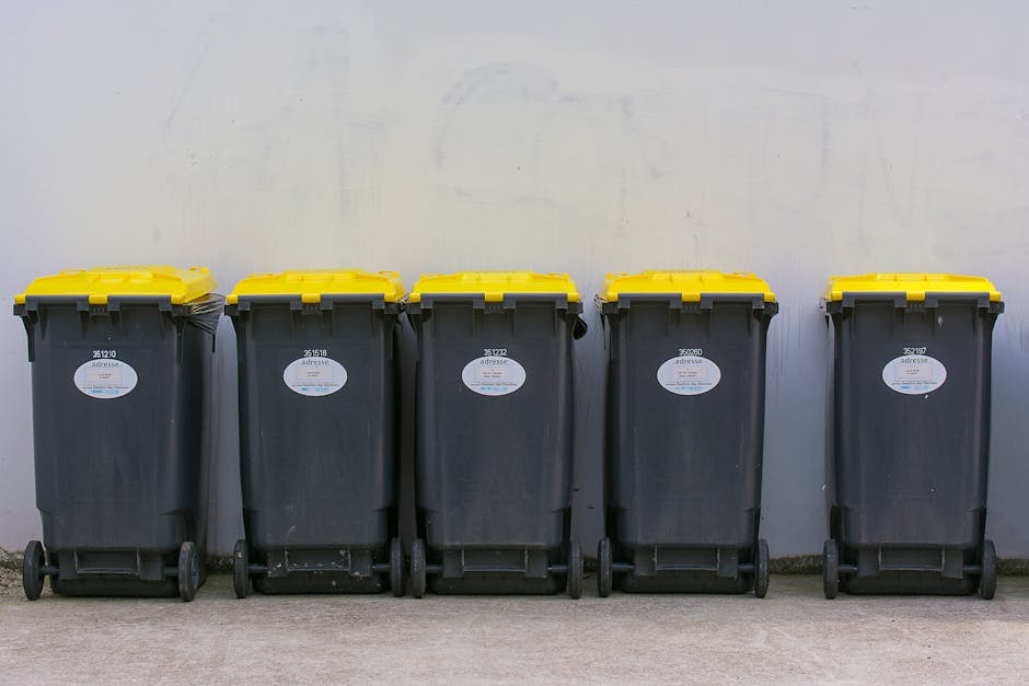 A row of five large wheelie bins made of black plastic, each with a yellow lid, lined up against a plain light grey wall on a paved surface. The bins have white oval labels with black text and barcodes affixed to their fronts. The background appears to be an outdoor area, possibly a driveway or service yard, with the bins positioned side by side for waste collection or disposal purposes, illustrating an example of private rubbish management or alternative rubbish removal services. The lighting is natural and even, emphasizing the uniformity and durability of the bins, which are used for rubbish or waste collection, aligning with services offered by Rubbish Removal Maida Vale for on-site clearance or independent waste handling solutions.